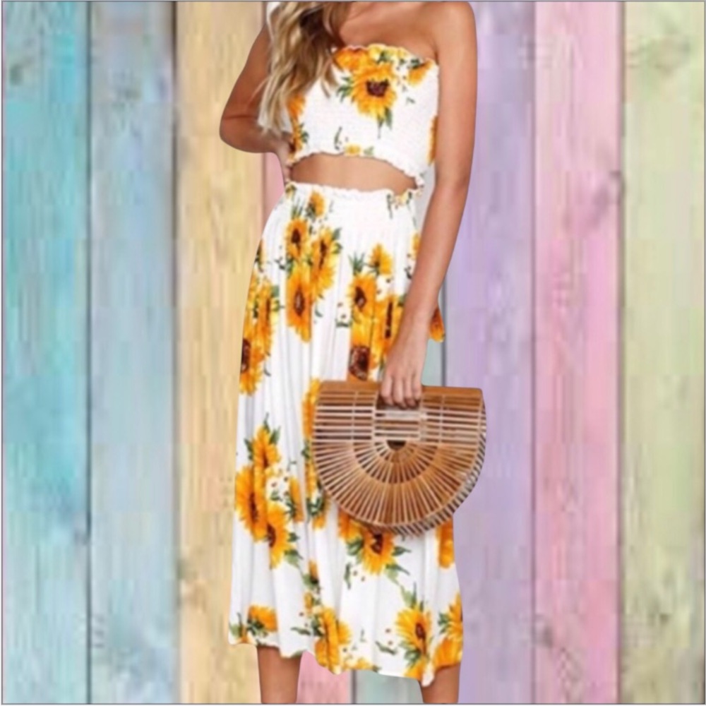 Angashion White Yellow Sunflower Print 2 Pc Smocked Strapless Top Skirt Set